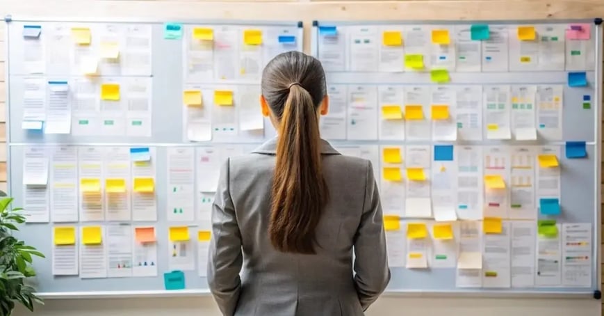EA looking a board with sticky notes to keep track of meeting details