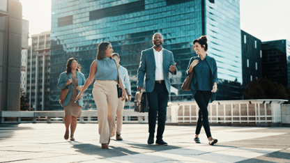 A group of meeting planners walking to a meeting