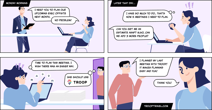 Cartoon explaining how TROOP helps Executive Assistants plan in person meetings