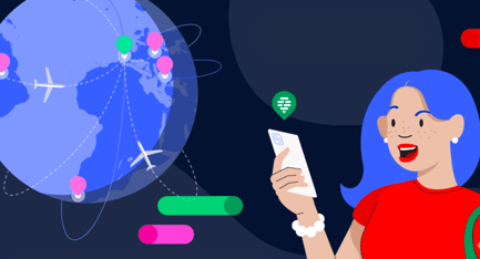 Animated graphic showing a person using technology